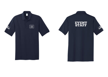 NYC Factory Custom Logo Event Staff Polo Shirt (Rustic) - Your Logo + Back + US Flag Sleeve - Navy