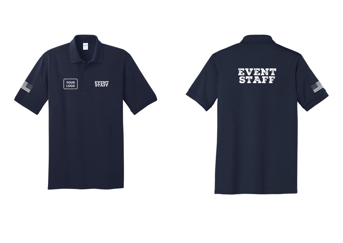 NYC Factory Custom Logo Event Staff Polo Shirt (Rustic) - EVENT STAFF + Your Logo + Back + US Flag Sleeve - Navy