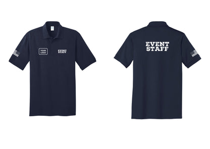 NYC Factory Custom Logo Event Staff Polo Shirt (Rustic) - EVENT STAFF + Your Logo + Back + US Flag Sleeve - Navy