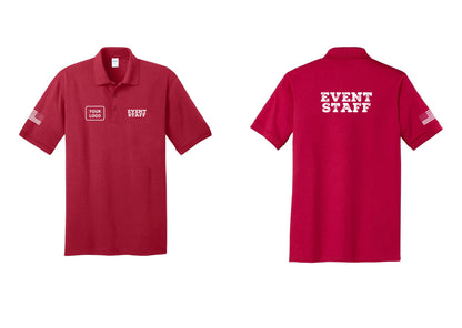 NYC Factory Custom Logo Event Staff Polo Shirt (Rustic) - EVENT STAFF + Your Logo + Back + US Flag Sleeve - Red
