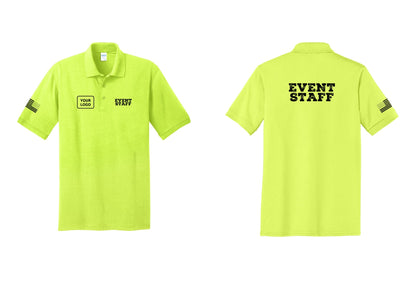 NYC Factory Custom Logo Event Staff Polo Shirt (Rustic) - EVENT STAFF + Your Logo + Back + US Flag Sleeve - Safety Green