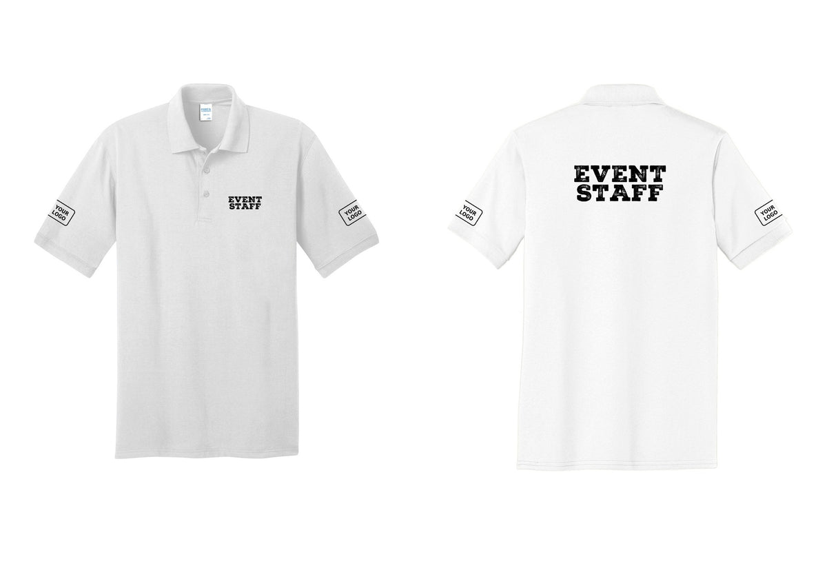 NYC Factory Custom Logo Event Staff Polo Shirt (Rustic) - Chest + Back + Your Logo Sleeves - White