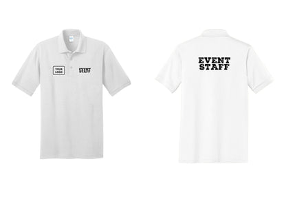 NYC Factory Custom Logo Event Staff Polo Shirt (Rustic) - EVENT STAFF + Your Logo + Back - White