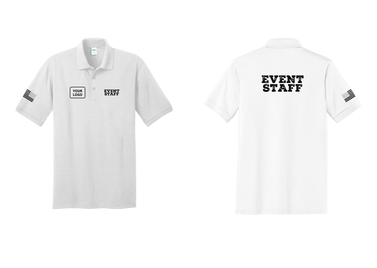 NYC Factory Custom Logo Event Staff Polo Shirt (Rustic) - EVENT STAFF + Your Logo + Back + US Flag Sleeve - White