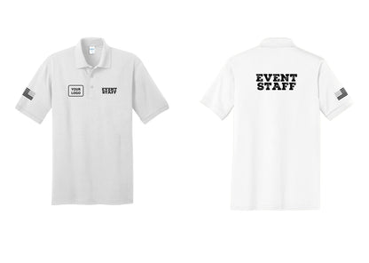 NYC Factory Custom Logo Event Staff Polo Shirt (Rustic) - EVENT STAFF + Your Logo + Back + US Flag Sleeve - White