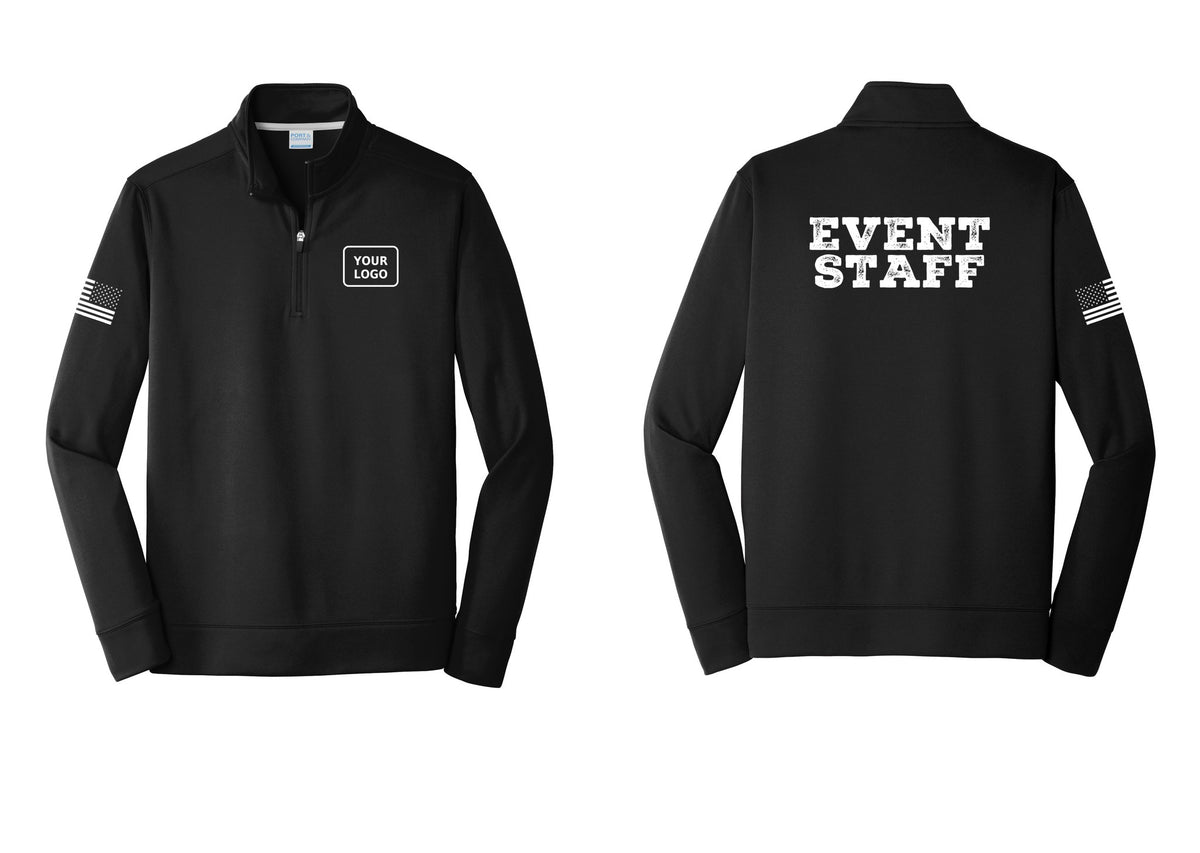 NYC Factory Custom Logo Event Staff Performance Fleece 1/4-Zip Pullover Sweatshirt (Rustic) - Your Logo + Back + US Flag Sleeve - Black