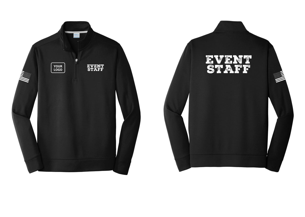 NYC Factory Custom Logo Event Staff Performance Fleece 1/4-Zip Pullover Sweatshirt (Rustic) - EVENT STAFF + Your Logo + Back + US Flag Sleeve - Black