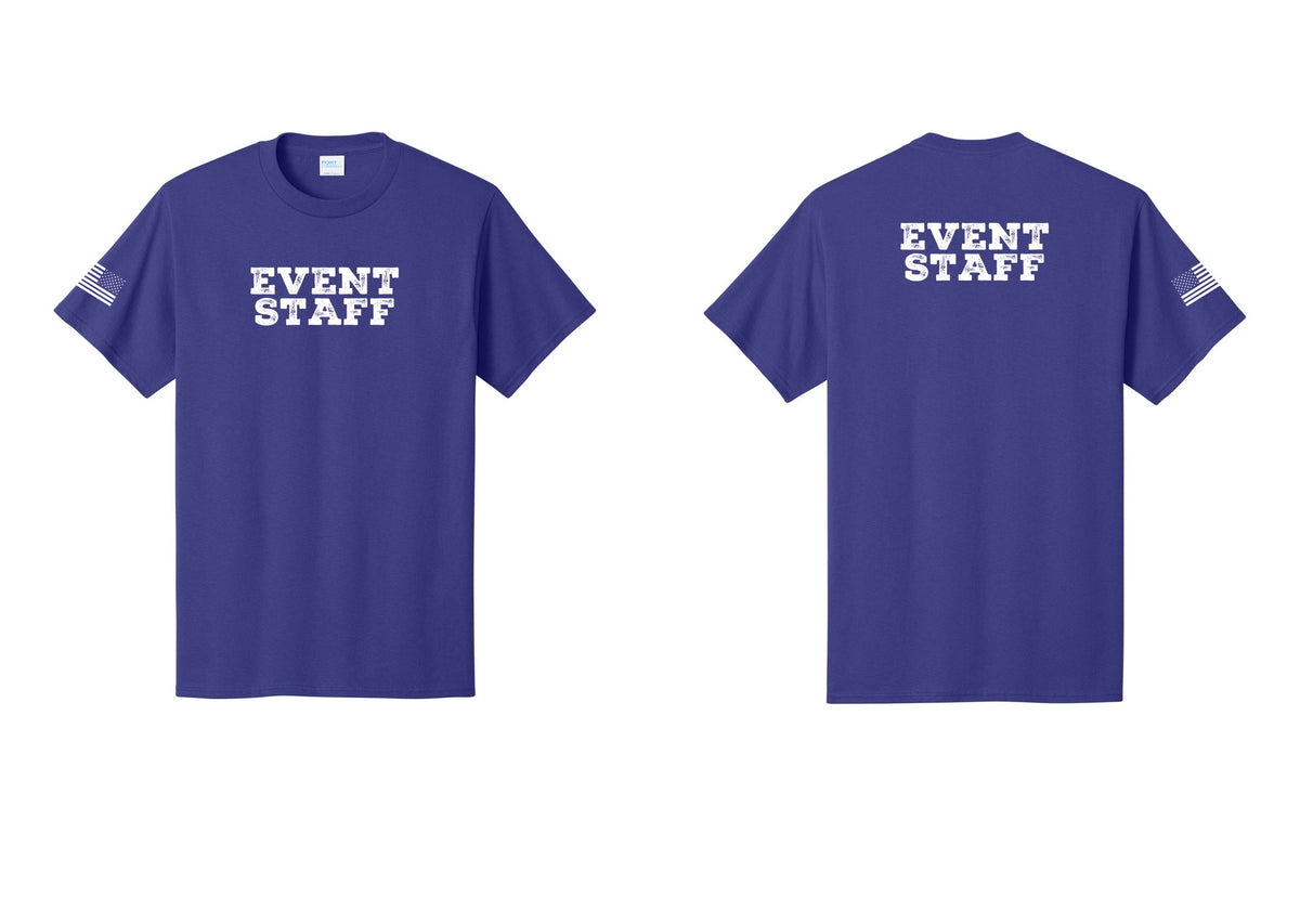 NYC Factory Event Staff T-Shirt - Front + Back + US Flag Sleeve - Purple