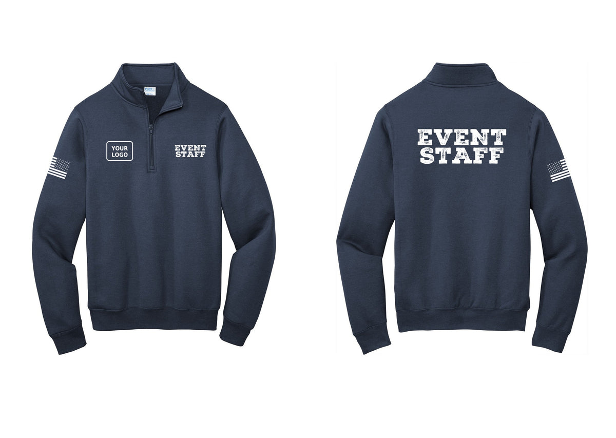 NYC Factory Custom Logo Event Staff Cotton Fleece 1/4-Zip Pullover Sweatshirt (Rustic) - EVENT STAFF + Your Logo + Back + US Flag Sleeve - Navy