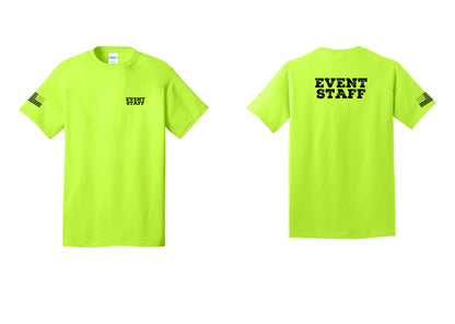 NYC Factory Event Staff T-Shirt - Chest + Back + US Flag Sleeve - Safety Green