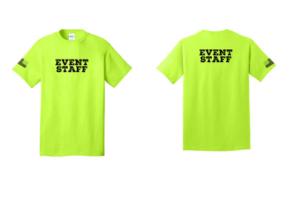 NYC Factory Event Staff T-Shirt - Front + Back + US Flag Sleeve - Safety Green