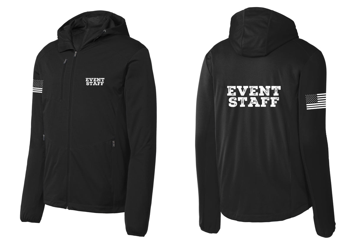 NYC Factory Event Staff Soft Shell Hooded Jacket (Rustic) - Chest + Back + US Flag Sleeve - Deep Black