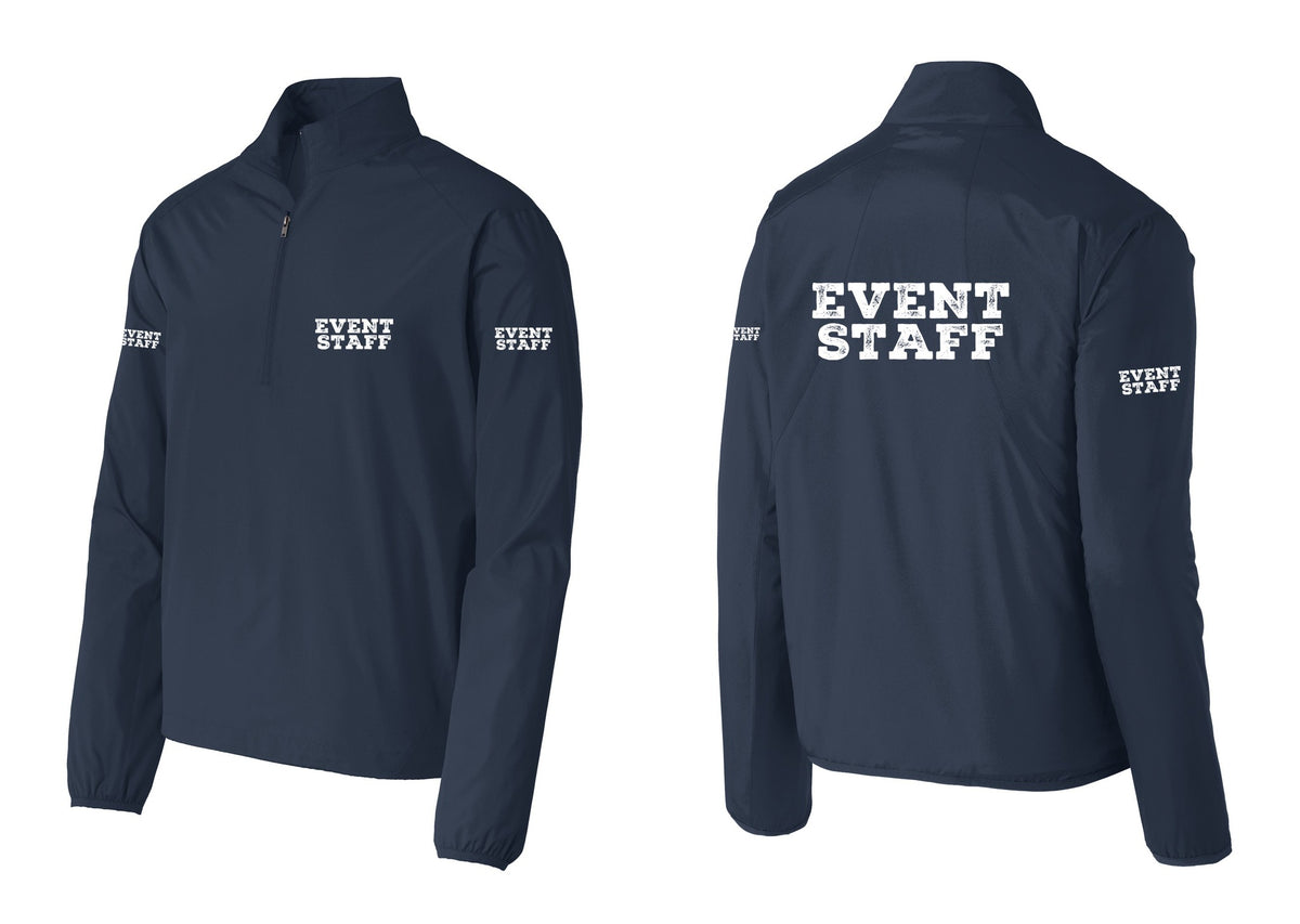NYC Factory Event Staff Windbreaker 1/2-Zip Pullover (Rustic) - Chest + Back + Event Staff Sleeves - Dress Blue Navy