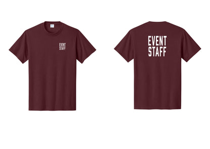 NYC Factory Event Staff T-Shirt, Condensed Lettering - Chest + Back - Athletic Maroon