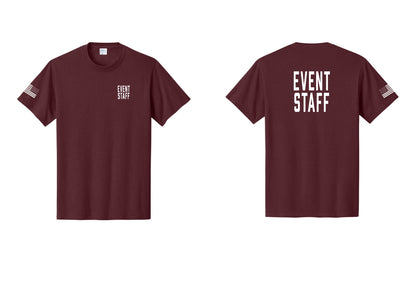 NYC Factory Event Staff T-Shirt, Condensed Lettering - Chest + Back + US Flag Sleeve - Athletic Maroon