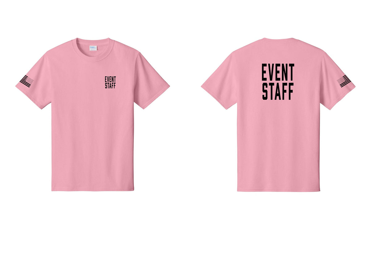 NYC Factory Event Staff T-Shirt, Condensed Lettering - Chest + Back + US Flag Sleeve - Candy Pink