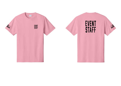 NYC Factory Event Staff T-Shirt, Condensed Lettering - Chest + Back + US Flag Sleeve - Candy Pink