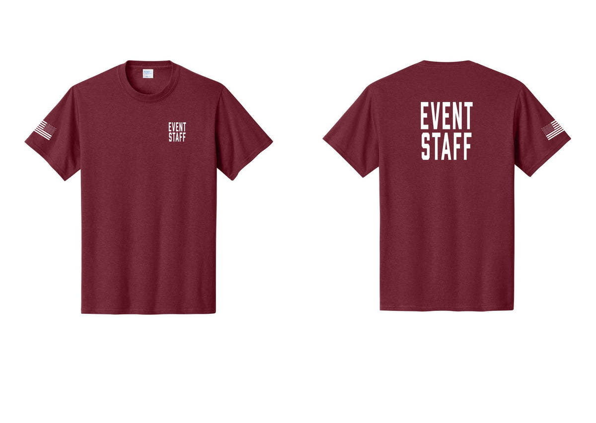 NYC Factory Event Staff T-Shirt, Condensed Lettering - Chest + Back + US Flag Sleeve - Cardinal