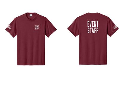 NYC Factory Event Staff T-Shirt, Condensed Lettering - Chest + Back + US Flag Sleeve - Cardinal