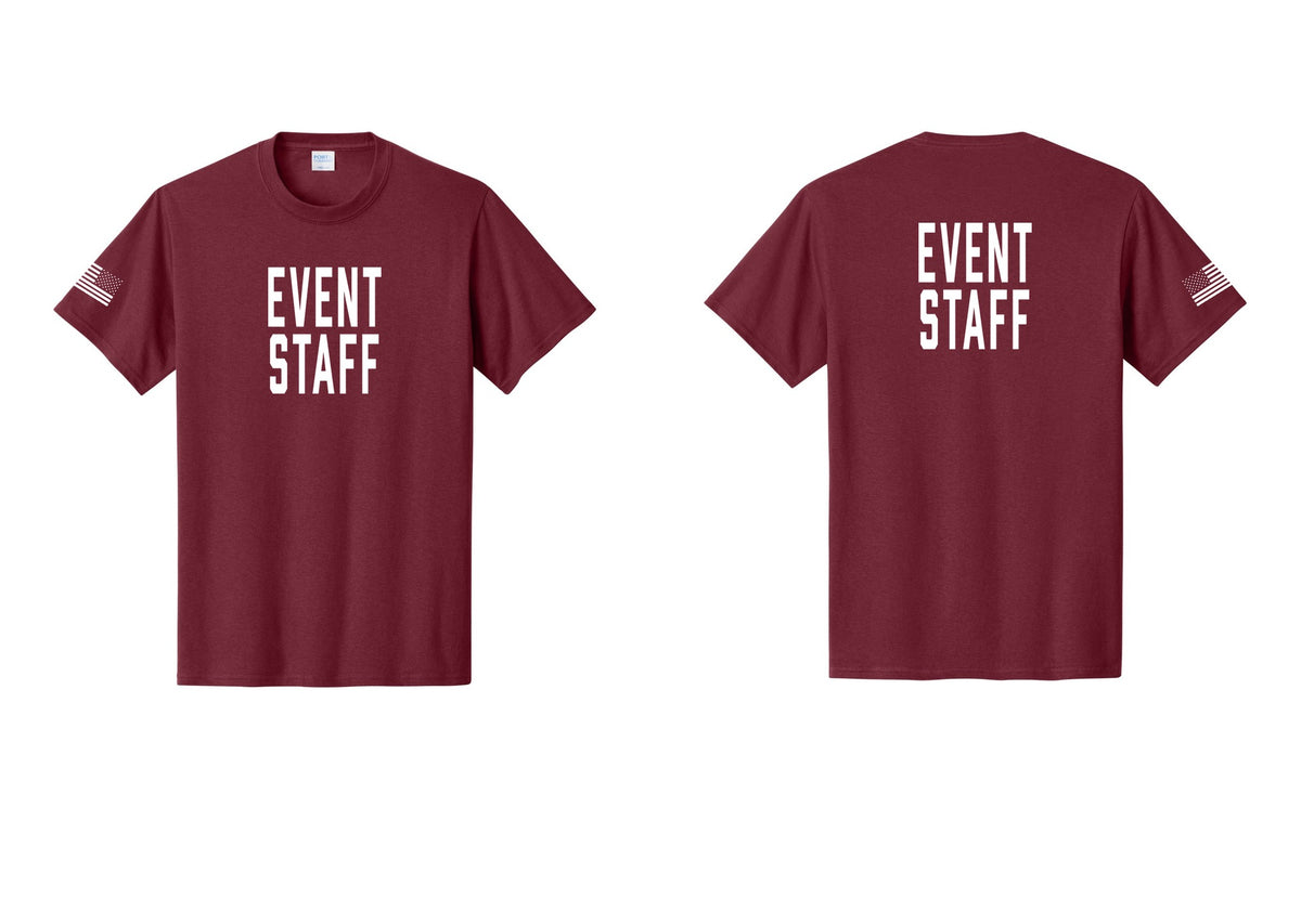 NYC Factory Event Staff T-Shirt, Condensed Lettering - Front + Back + US Flag Sleeve - Cardinal