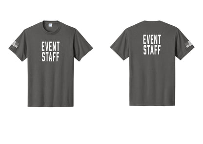 NYC Factory Event Staff T-Shirt, Condensed Lettering - Front + Back + US Flag Sleeve - Charcoal