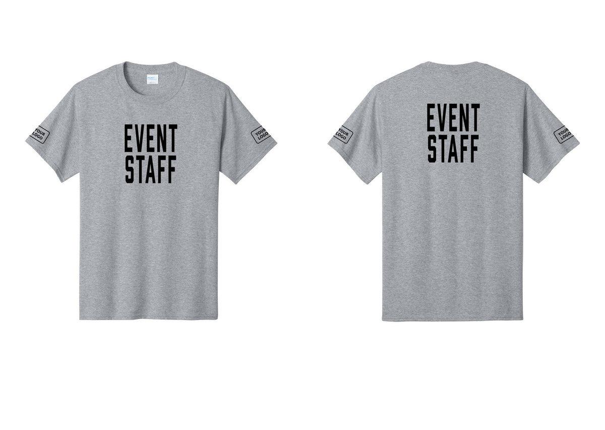 NYC Factory Custom Logo Event Staff T-Shirt, Condensed Lettering - Front + Back + Your Logo Sleeves - Athletic Heather