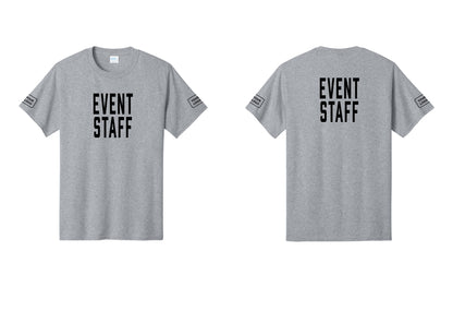 NYC Factory Custom Logo Event Staff T-Shirt, Condensed Lettering - Front + Back + Your Logo Sleeves - Athletic Heather