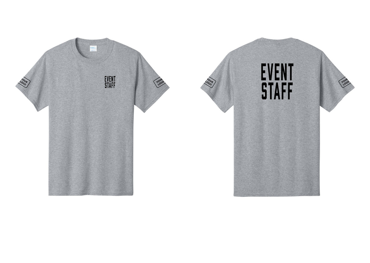 NYC Factory Custom Logo Event Staff T-Shirt, Condensed Lettering - Chest + Back + Your Logo Sleeves - Athletic Heather