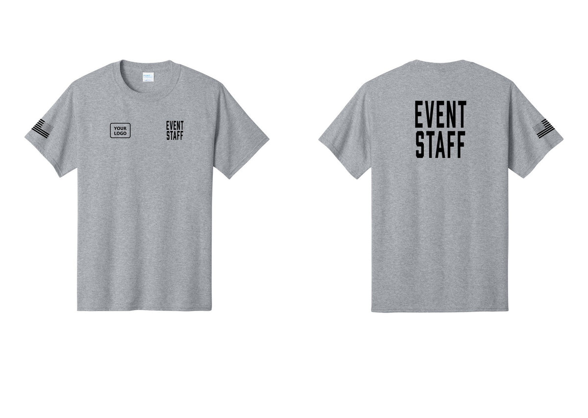 NYC Factory Custom Logo Event Staff T-Shirt, Condensed Lettering - EVENT STAFF + Your Logo + Back + US Flag Sleeve - Athletic Heather