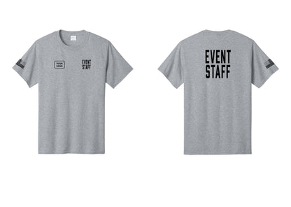 NYC Factory Custom Logo Event Staff T-Shirt, Condensed Lettering - EVENT STAFF + Your Logo + Back + US Flag Sleeve - Athletic Heather