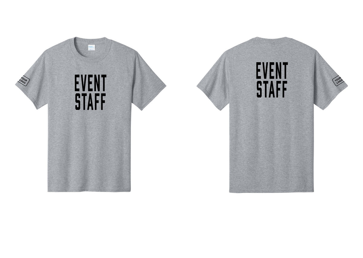 NYC Factory Custom Logo Event Staff T-Shirt, Condensed Lettering - Front + Back + Your Logo Sleeve - Athletic Heather