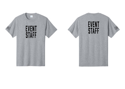 NYC Factory Custom Logo Event Staff T-Shirt, Condensed Lettering - Front + Back + Your Logo Sleeve - Athletic Heather