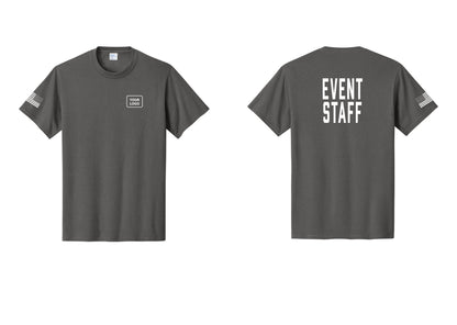 NYC Factory Custom Logo Event Staff T-Shirt, Condensed Lettering - Your Logo + Back + US Flag Sleeve - Charcoal