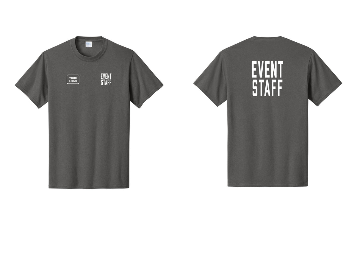 NYC Factory Custom Logo Event Staff T-Shirt, Condensed Lettering - EVENT STAFF + Your Logo + Back - Charcoal