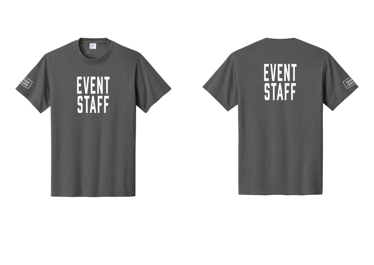 NYC Factory Custom Logo Event Staff T-Shirt, Condensed Lettering - Front + Back + Your Logo Sleeve - Charcoal
