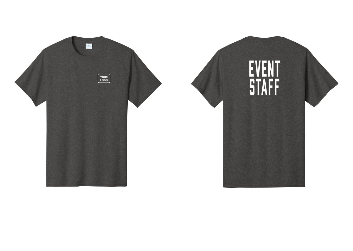 NYC Factory Custom Logo Event Staff T-Shirt, Condensed Lettering - Your Logo + Back - Dark Heather Grey