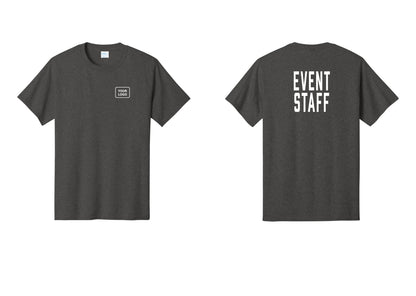 NYC Factory Custom Logo Event Staff T-Shirt, Condensed Lettering - Your Logo + Back - Dark Heather Grey