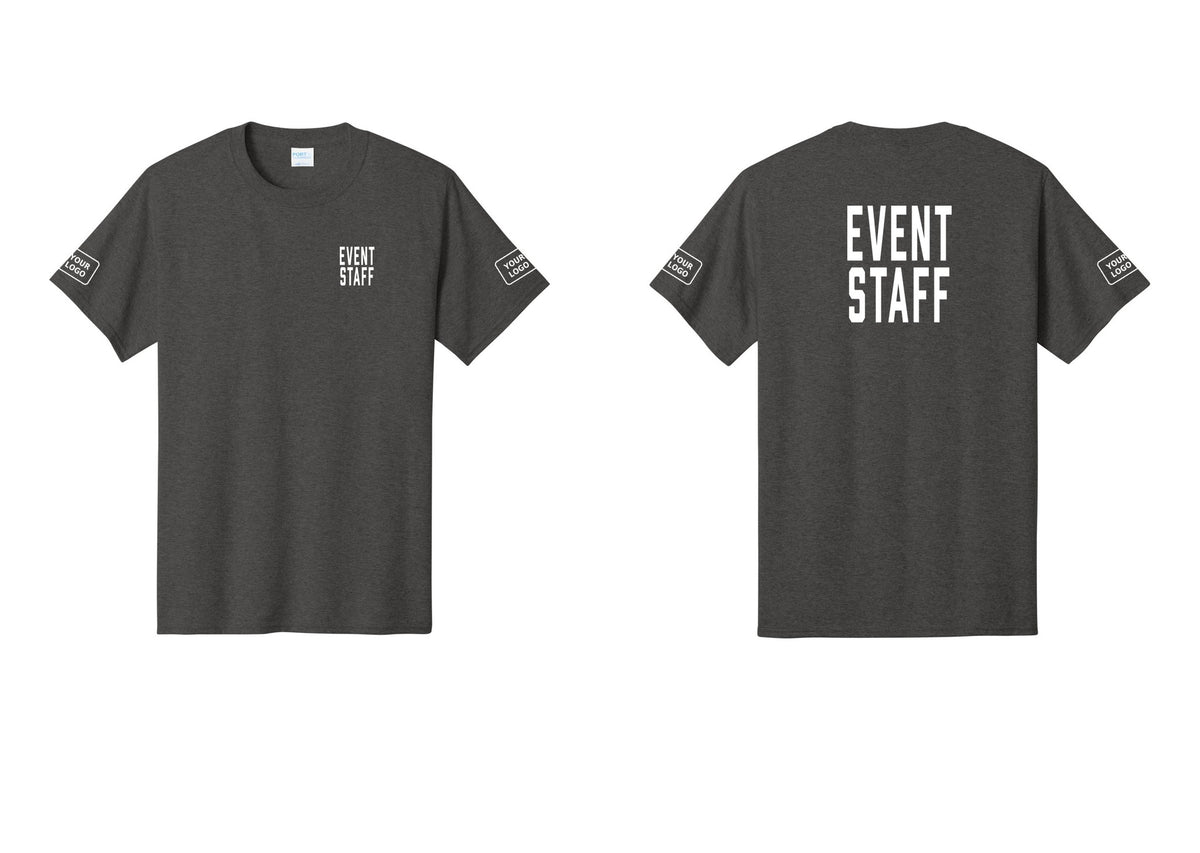 NYC Factory Custom Logo Event Staff T-Shirt, Condensed Lettering - Chest + Back + Your Logo Sleeves - Dark Heather Grey
