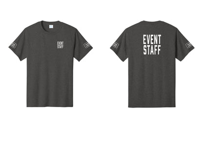 NYC Factory Custom Logo Event Staff T-Shirt, Condensed Lettering - Chest + Back + Your Logo Sleeves - Dark Heather Grey