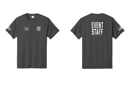 NYC Factory Custom Logo Event Staff T-Shirt, Condensed Lettering - EVENT STAFF + Your Logo + Back + US Flag Sleeve - Dark Heather Grey