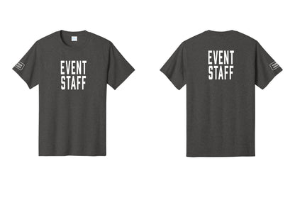 NYC Factory Custom Logo Event Staff T-Shirt, Condensed Lettering - Front + Back + Your Logo Sleeve - Dark Heather Grey