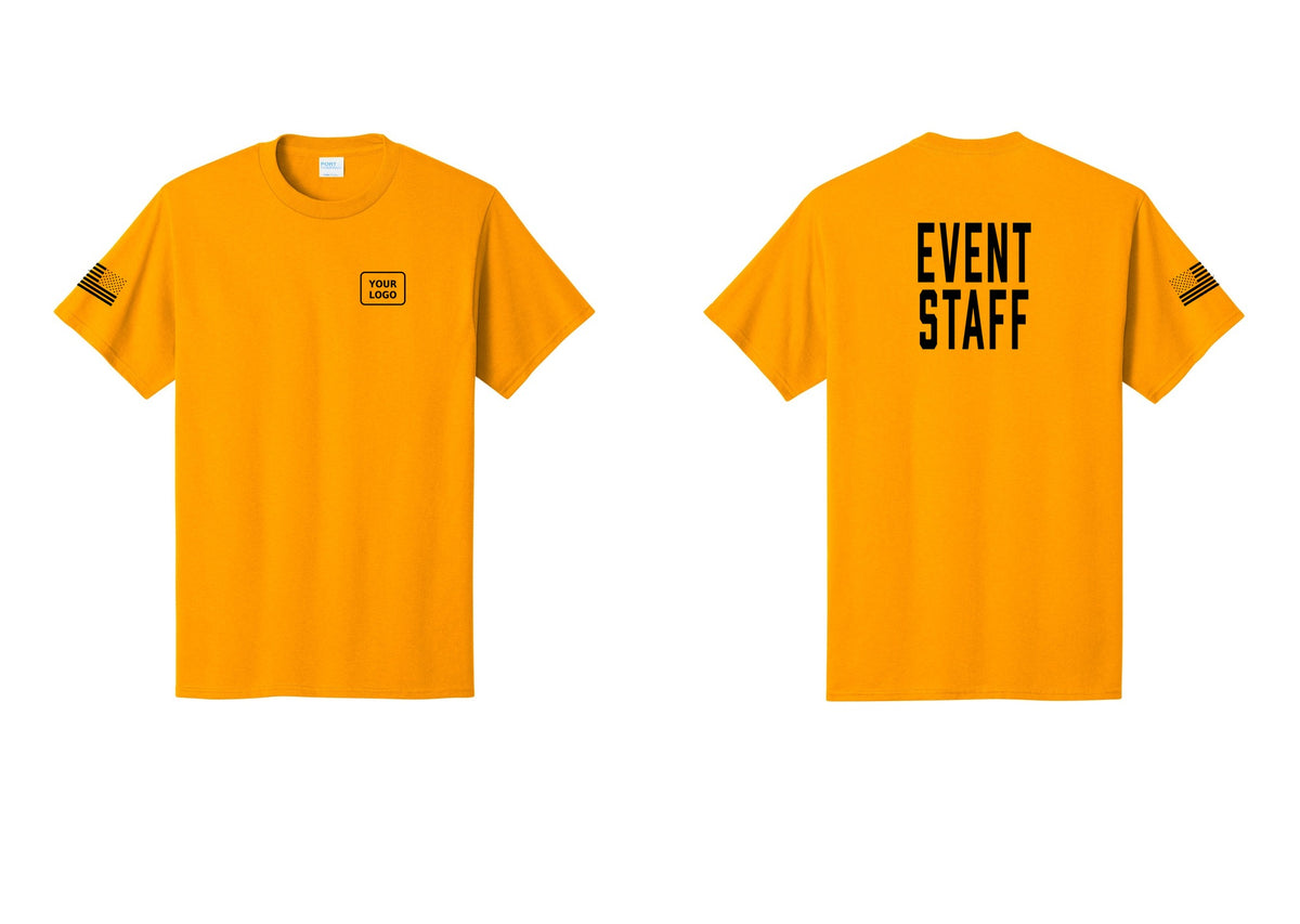 NYC Factory Custom Logo Event Staff T-Shirt, Condensed Lettering - Your Logo + Back + US Flag Sleeve - Gold