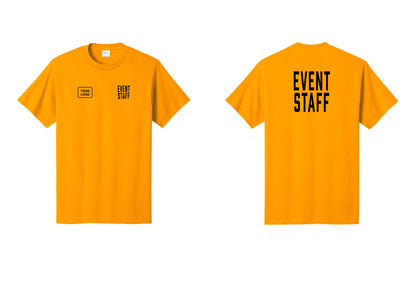 NYC Factory Custom Logo Event Staff T-Shirt, Condensed Lettering - EVENT STAFF + Your Logo + Back - Gold