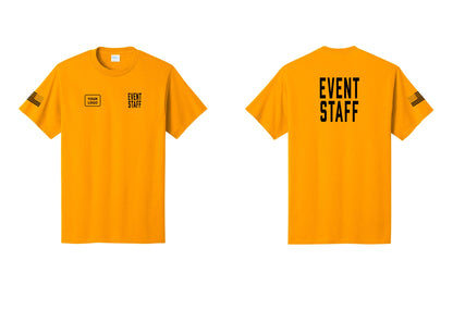 NYC Factory Custom Logo Event Staff T-Shirt, Condensed Lettering - EVENT STAFF + Your Logo + Back + US Flag Sleeve - Gold