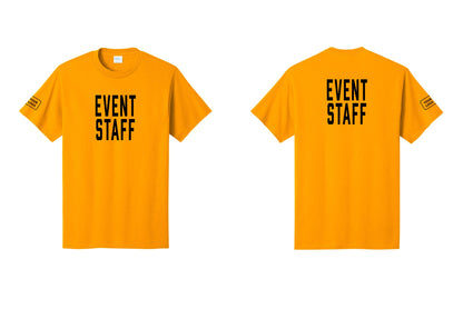 NYC Factory Custom Logo Event Staff T-Shirt, Condensed Lettering - Front + Back + Your Logo Sleeve - Gold
