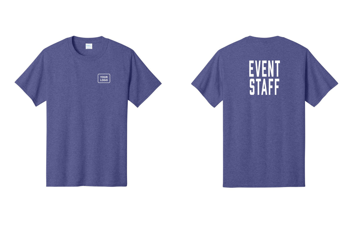 NYC Factory Custom Logo Event Staff T-Shirt, Condensed Lettering - Your Logo + Back - Heather Purple