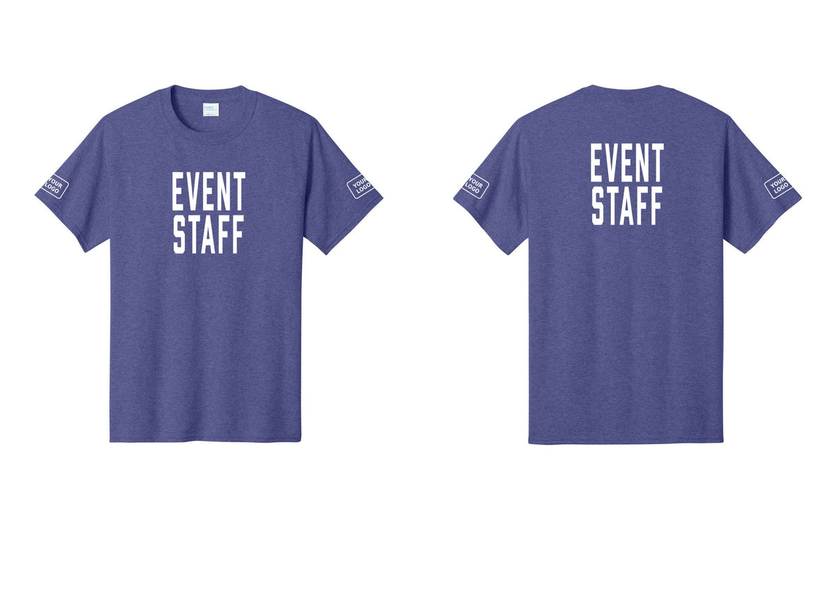 NYC Factory Custom Logo Event Staff T-Shirt, Condensed Lettering - Front + Back + Your Logo Sleeves - Heather Purple
