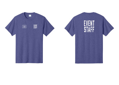 NYC Factory Custom Logo Event Staff T-Shirt, Condensed Lettering - EVENT STAFF + Your Logo + Back - Heather Purple