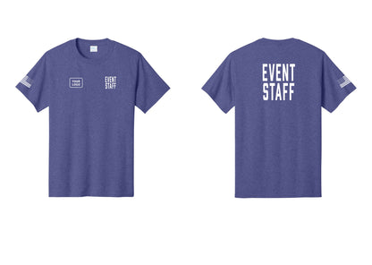 NYC Factory Custom Logo Event Staff T-Shirt, Condensed Lettering - EVENT STAFF + Your Logo + Back + US Flag Sleeve - Heather Purple
