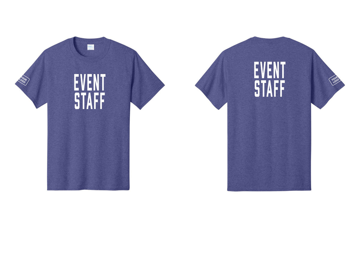 NYC Factory Custom Logo Event Staff T-Shirt, Condensed Lettering - Front + Back + Your Logo Sleeve - Heather Purple